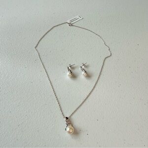 RH Macy’s & Co cultured fresh water Pearl Diamond silver Necklace Earring Set